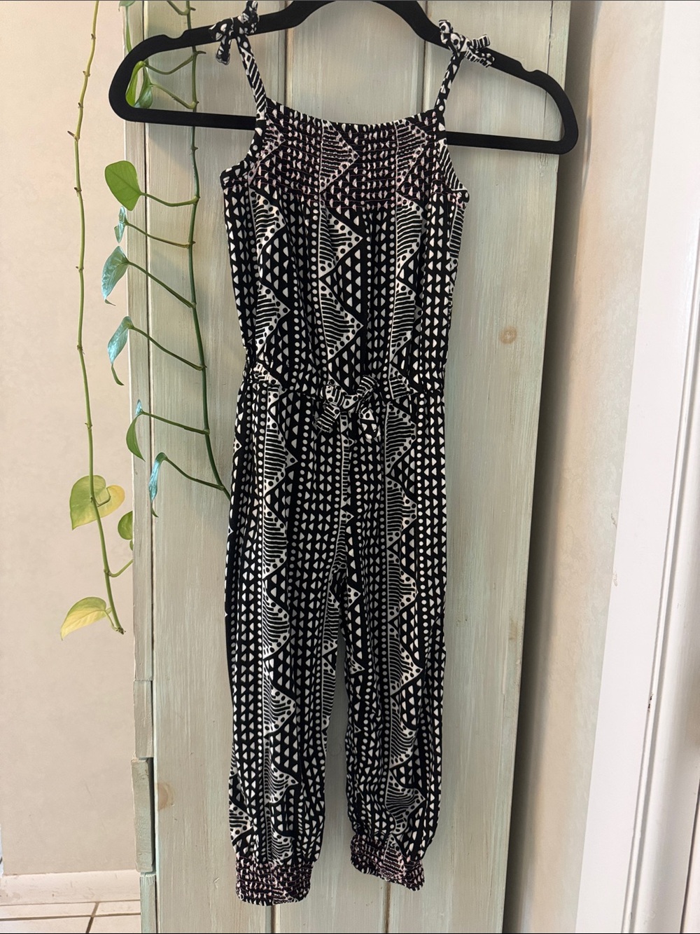 Little Lass Black and White Geometric Tie-Strap Jumpsuit